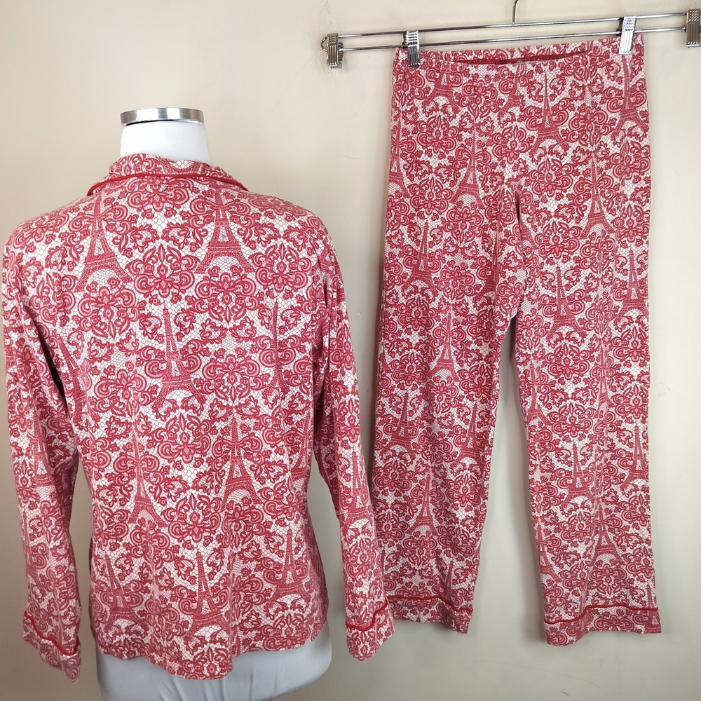 Bed Head Pajama Set Womens Medium Eiffel Tower Paris Lace Look Red White Cotton - Picture 8 of 11